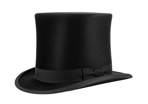 A classic black top hat with a ribbon band, isolated on a transparent background