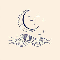 Minimalist tattoo-style illustration featuring a crescent moon, stars, and ocean waves, capturing serene nighttime vibes