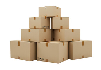 A pyramid stack of brown cardboard shipping boxes with tape, isolated on a transparent background