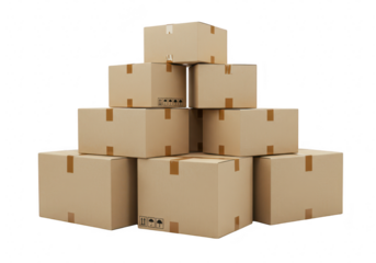 A pyramid stack of brown cardboard shipping boxes with tape, isolated on a transparent background