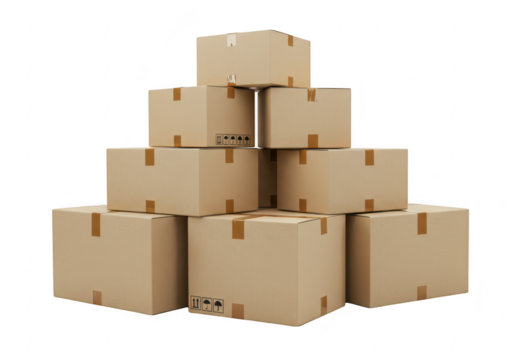 A pyramid stack of brown cardboard shipping boxes with tape, isolated on a transparent background
