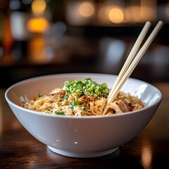 A bowl of noodles with chicken and a light sauce.