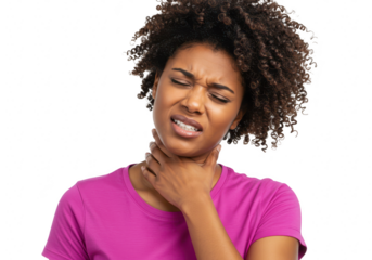 A young woman grimaces in pain, clutching her throat with her hand, isolated on a transparent background