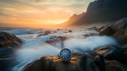 Ocean Waves Crashing Rocks Sunset Watch image