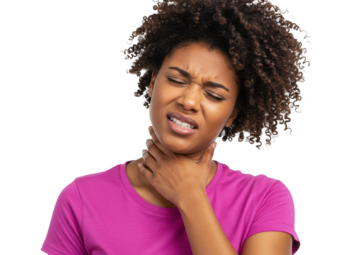A young woman grimaces in pain, clutching her throat with her hand, isolated on a transparent background
