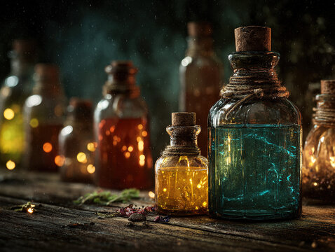 Glass potion bottles with glowing liquids on wooden table