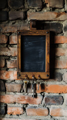 Rustic wooden key holder mounted on a brick wall in a cozy entryway setting enhancing home organization