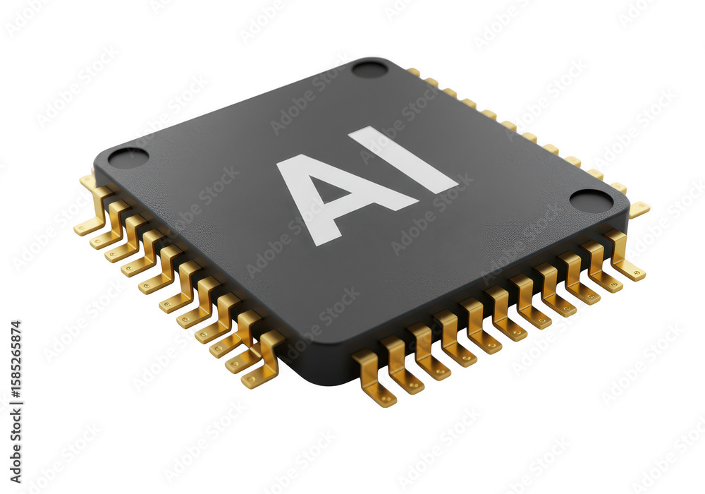 Poster a closeup view of a black ai processor chip with gold pins, isolated on a transparent background