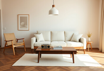 Modern minimalist living room interior: off-white sofa, wooden coffee table, and natural light.