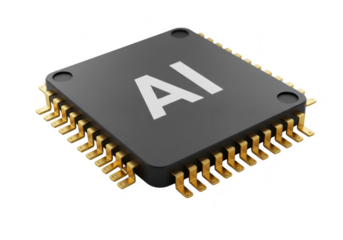 A closeup view of a black ai processor chip with gold pins, isolated on a transparent background