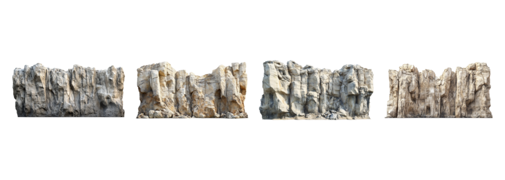 A collection of majestic cliffs with towering, naturally textured rocks, isolated on a transparent background. PNG
