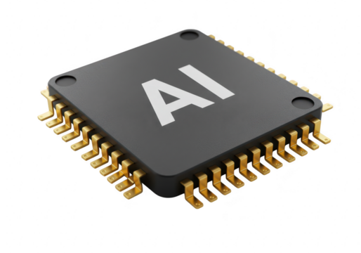 A closeup view of a black ai processor chip with gold pins, isolated on a transparent background