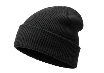 A black ribbed knit beanie hat is displayed against a plain transparent background