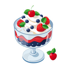 Trifle Dessert with Whipped Cream, Fresh Berries, Cherries, and Mint Leaves Vector