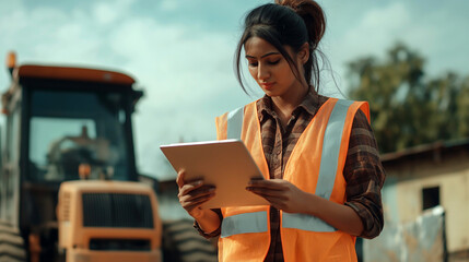 South Asian woman in construction vest reviewing plans at a construction site under a clear sky