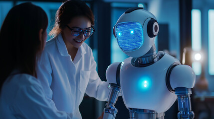 Engineers joyfully test innovative technology with a friendly robot in a modern workspace environment