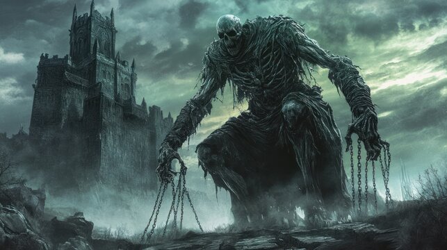 Giant skeletal creature in front of dark castle