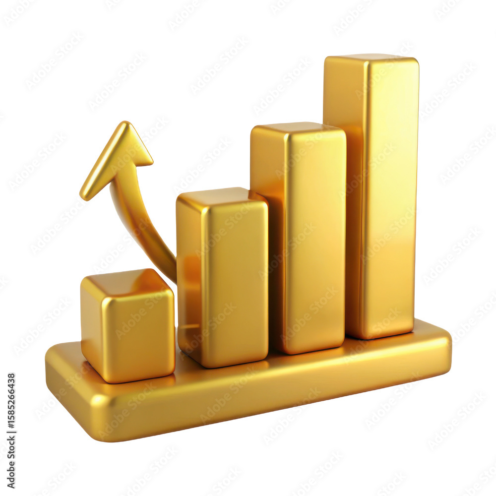 Poster a golden bar graph with an arrow pointing upwards on a transparent background in a rendered image