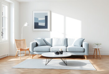 Modern minimalist living room: light blue sofa, wooden floor, sunlit serenity.