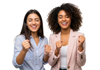 Two ecstatic women celebrating success with raised fists, isolated on transparent background