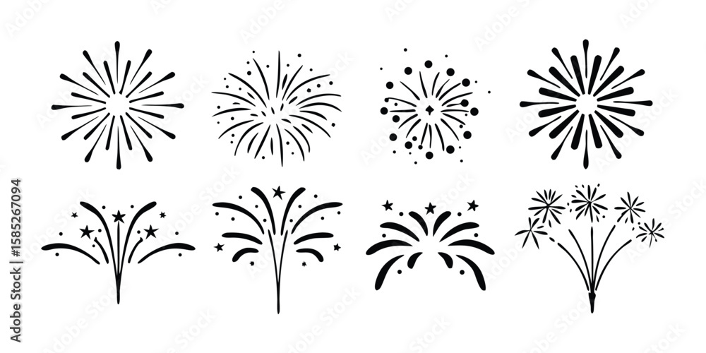 Poster festive fireworks icon set with 14 variations celebratory design elements on transparent background 
