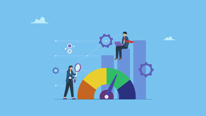 Business people engaged in analyzing and comparing the results of measuring indicators. Symbolizes benchmark performance or KPI key performance indicator, result evaluation, analysis or comparison.