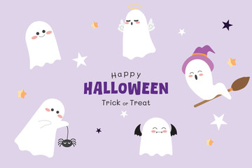 Cute halloween ghost cartoon character vector illustration flat design. Wallpaper or background and card for holiday celebration event.