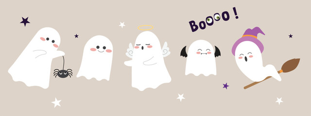 Cute halloween ghost cartoon character vector illustration flat design. Wallpaper or background and card for holiday celebration event.