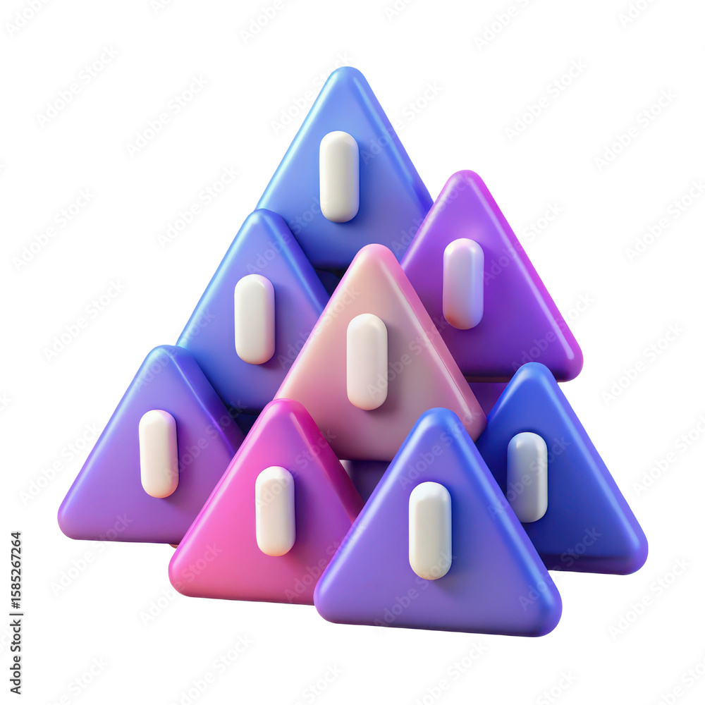 Poster a stack of seven gradient colored triangles with white rounded rectangles on a transparent backgroun