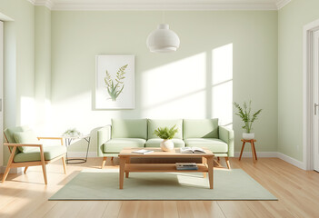 Serene sage green living room interior: minimalist sofa, armchair, and natural light.