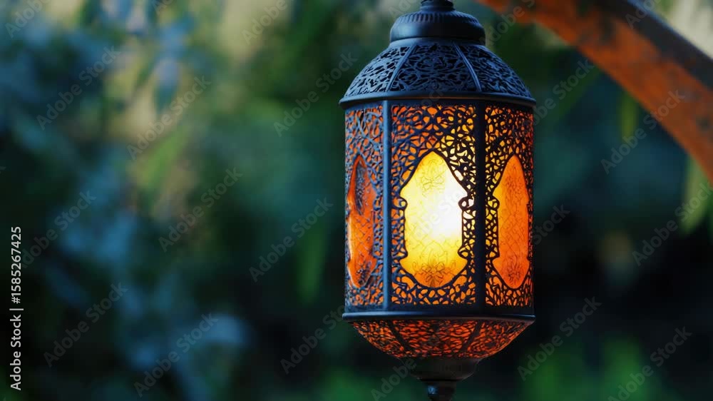 Poster a lantern hangs from a tree branch in a serene garden setting