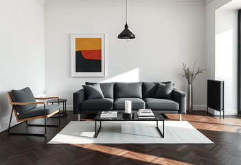 Modern minimalist living room interior: dark grey sofa, herringbone wood floor, abstract art.