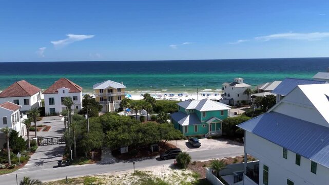 Orbiting drone movement over the oceanfront apartments with turquoise water and shoreline, 30A, Florida, USA