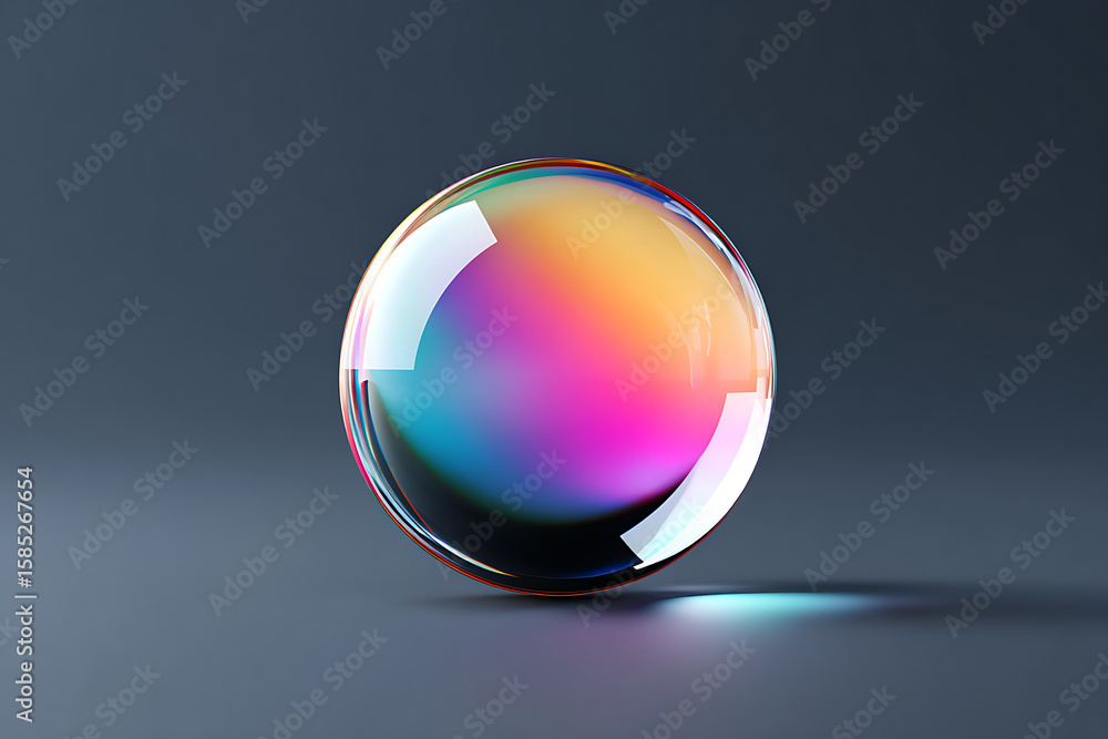 Poster unique iridescent bubble resting on a smooth surface creating colorful reflections and highlights in