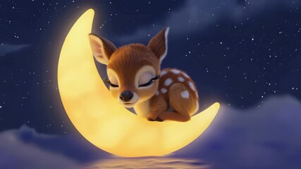 Looping 3D Animation of Fawn Sleeping on Yellow Moon with Night Sky and Stars, template lullaby background