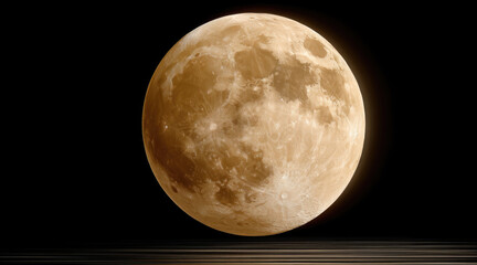 Glowing golden moon shines brightly against black sky, detailed lunar surface, serene and mysterious night atmosphere