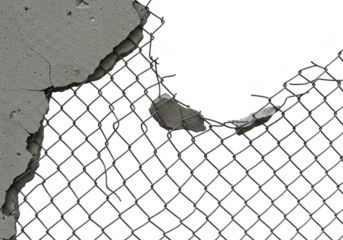 A section of a chainlink fence with a hole in the concrete barrier, isolated on a transparent background