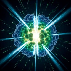 Conceptual illustration of a brain with radiating energy beams, representing neural activity.