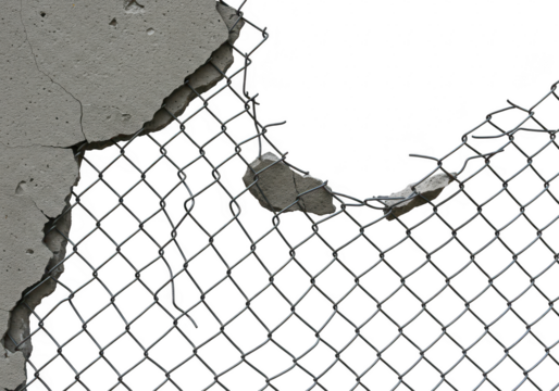 A section of a chainlink fence with a hole in the concrete barrier, isolated on a transparent background