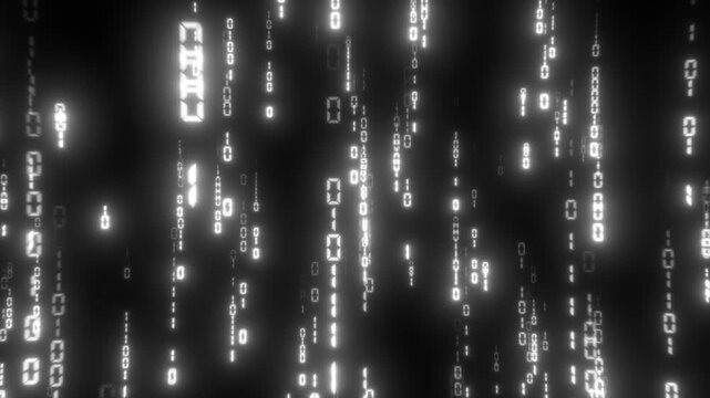 Animated minimal binary code rain in black and white style, representing data flow, digital communication, and AI systems. Perfect for cybersecurity, programming, and futuristic technology concepts.

