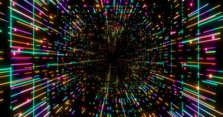 Futuristic glowing neon waving rays background. Shining geometric rainbow lines and grid inside corridor in perspective. Bright retro digital cyberspace. 3D rendering.