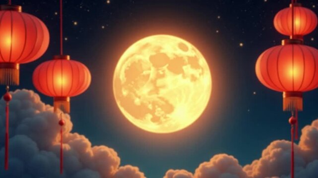 Golden Full Moon and Lanterns in Starry Sky &ndash; Mid-Autumn Festival