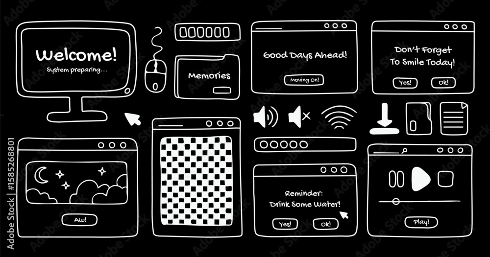 Fototapete Computer windows and open dialog frames white doodles, screen, folders and other pc user interface signs and symbols. Graphic vector design elements, hand drawn, outline.
