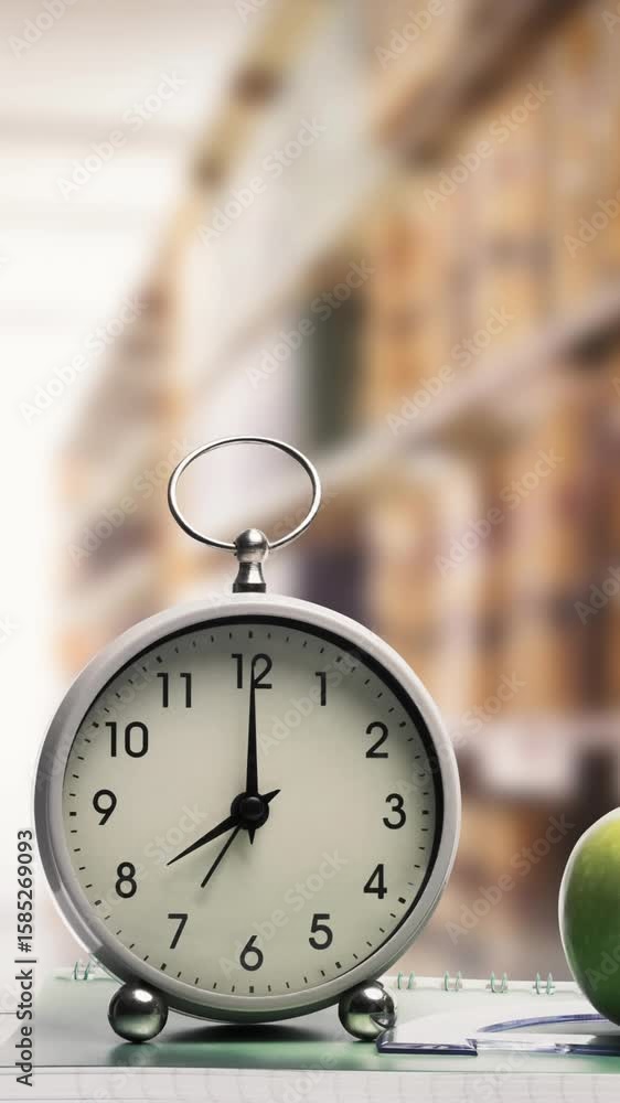 Poster animation of school items and clock with books in row in background