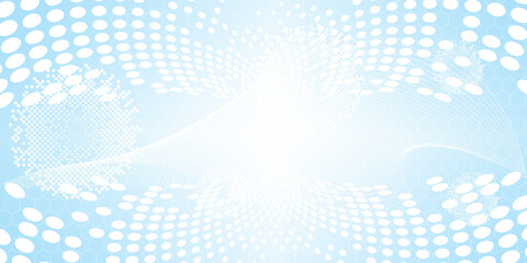 Modern futuristic technology background concept. Halftone dots pattern mesh and hexagonal mesh with glow on light blue gradient background.