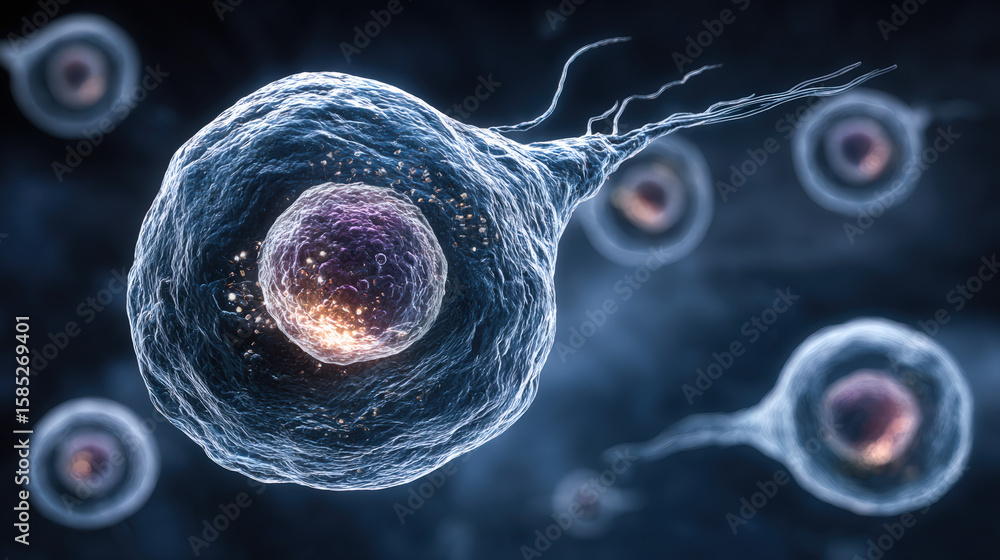 Poster microscopic view of transparent human cells with intricate structures, showcasing cellular repair an
