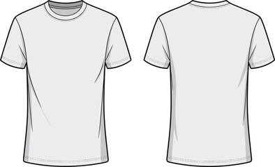 Plain crew neck t-shirt front and back view, vector cad fashion sketch, perfect for apparel tech pack and clothing design