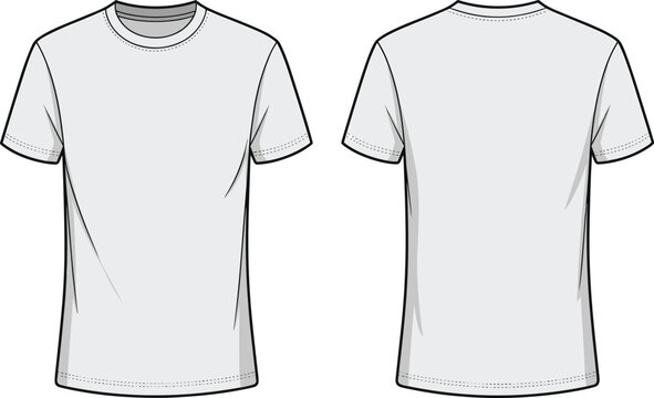 Plain crew neck t-shirt front and back view, vector cad fashion sketch, perfect for apparel tech pack and clothing design