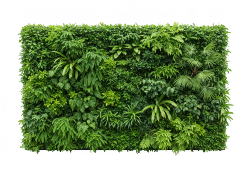 A lush green wall covered in a variety of vibrant plants and leaves, isolated on a transparent background