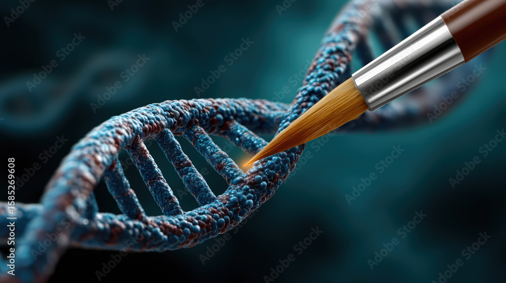 Poster visual representation of nano enhanced dna sequencing with brush applying detail to dna strand, show